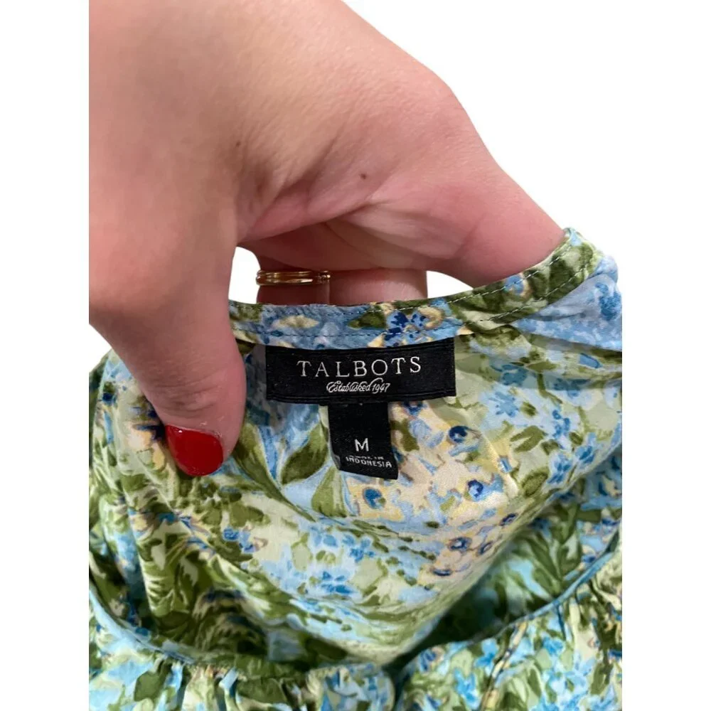 Talbots Floral Pintuck Cotton Blouse - Size M - Blue Green Yellow Print - Picture 4 of 5